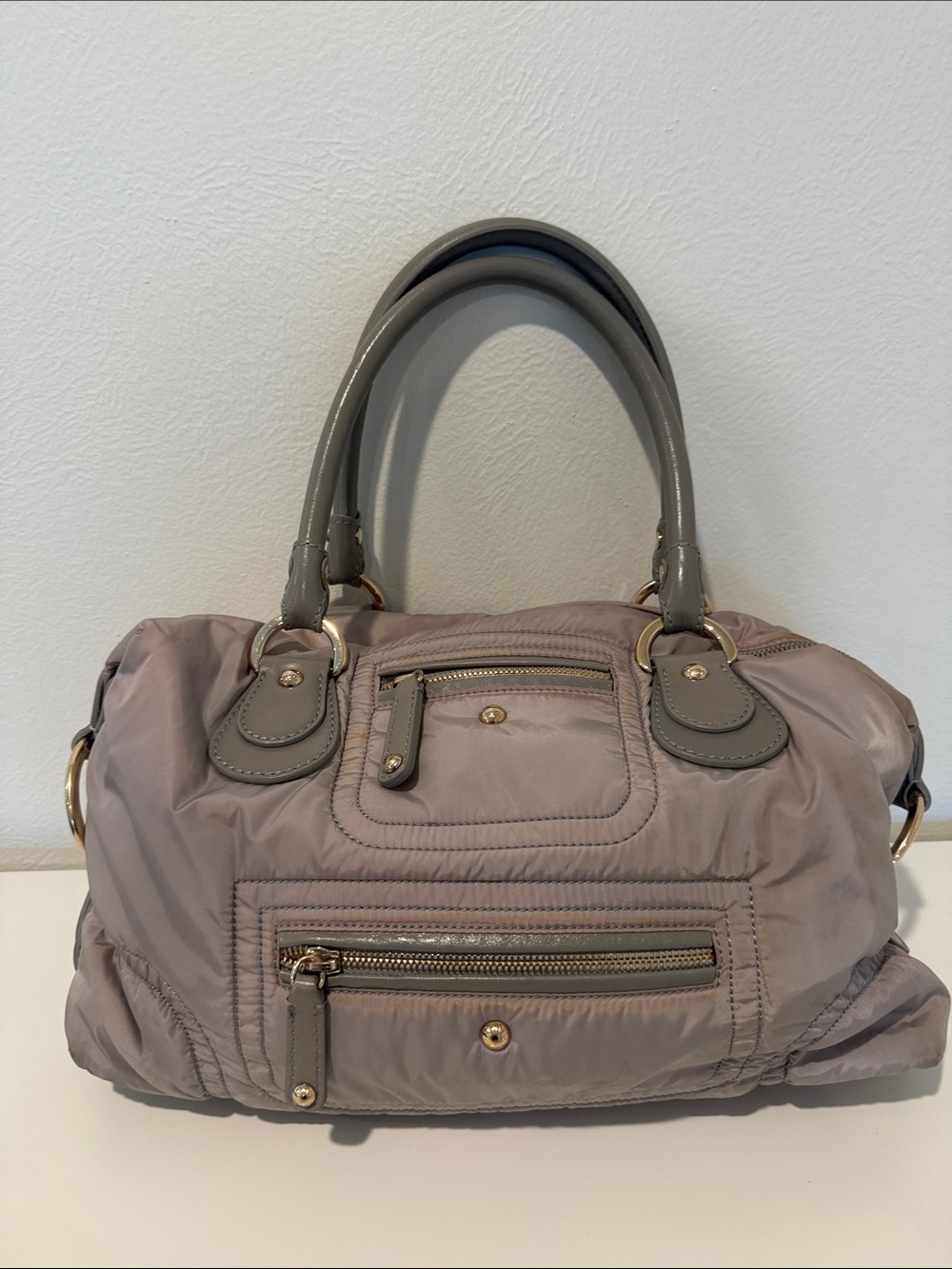 Tod's Taupe Nylon Satchel with Gray Patent Handles